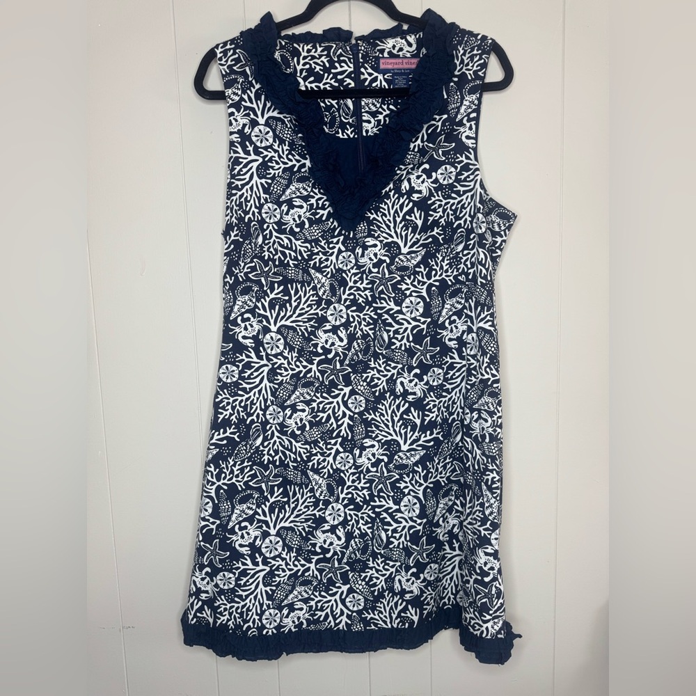 Vineyard Vines Reef Print Ruffled Sleeveless Shift Dress Womens Size 14